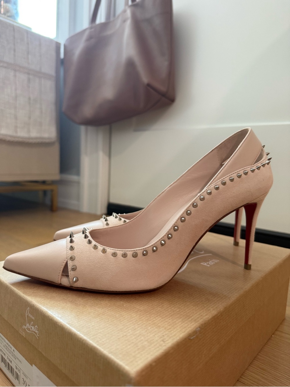 Christian Louboutin Studded Pointed-Toe Pumps in Blush Pink